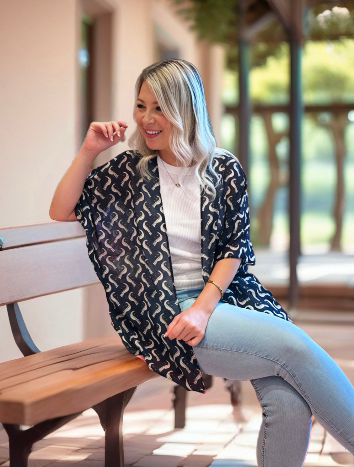 Navy and White birds kimono - short length