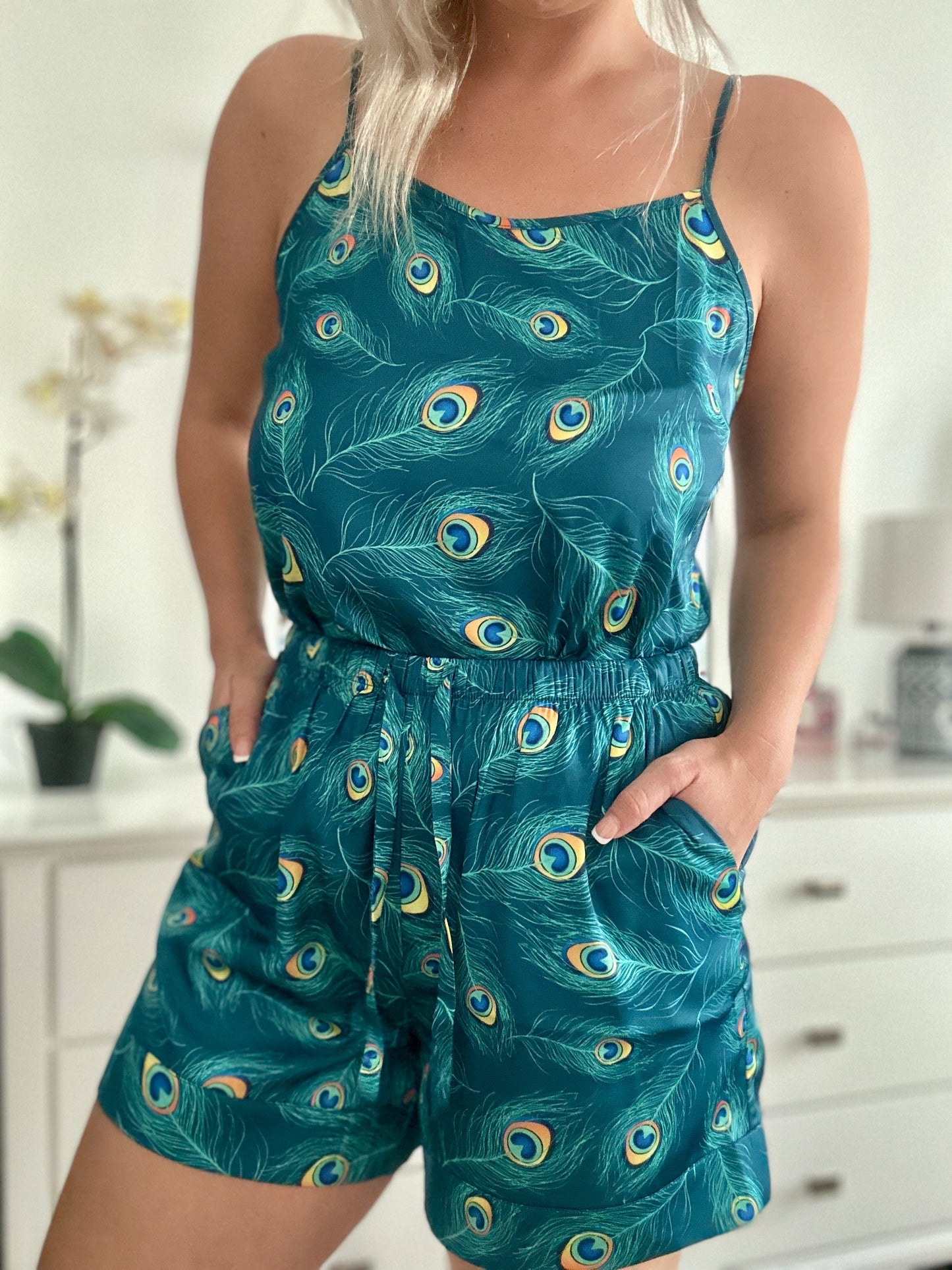 2‑Piece Peacock Feather Satin Cami Set