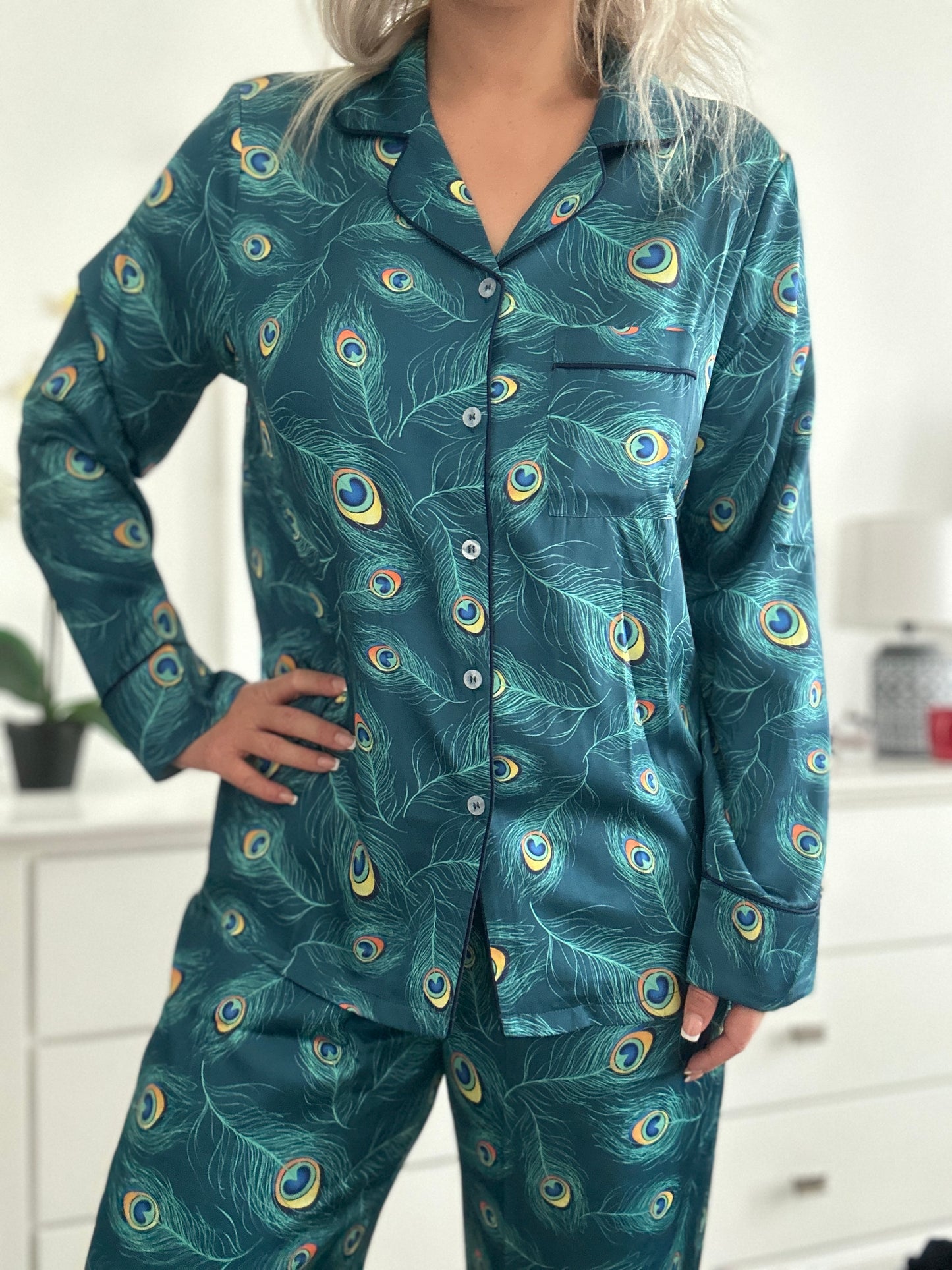 Satin Peacock Feather Pyjama set with elastic bottoms - Long set