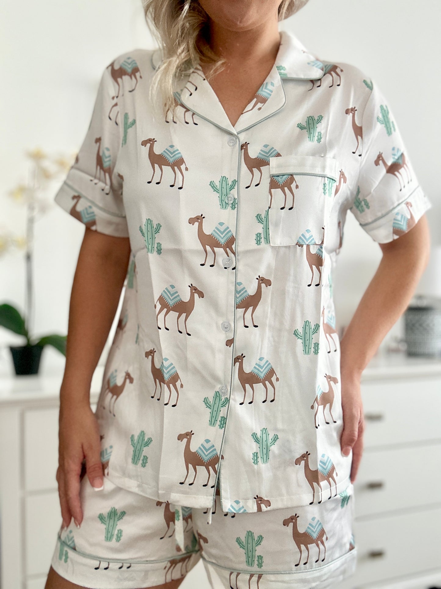 Satin Camel Pyjama set with elastic bottoms - Short set