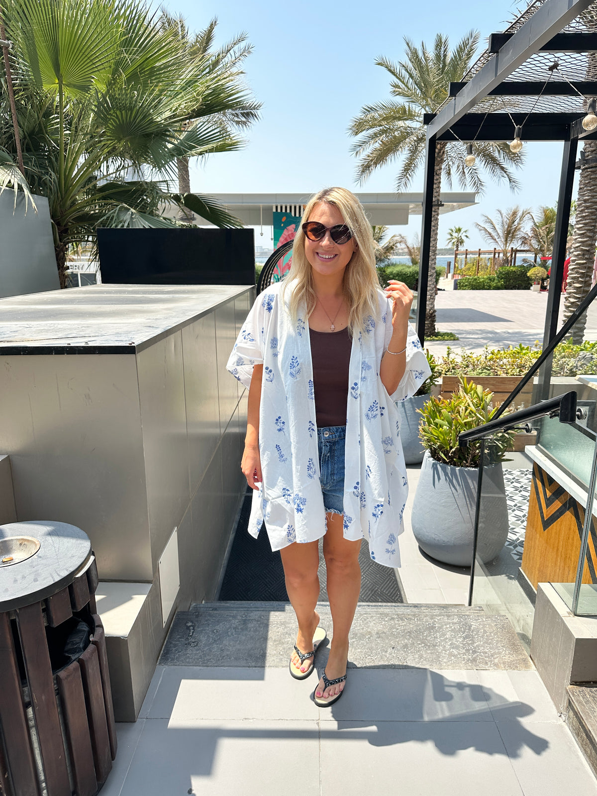 Textured floral white and blue Kimono - 3 length