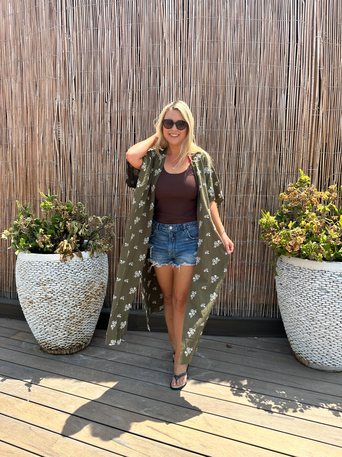 Textured floral khaki Kimono - 3 length