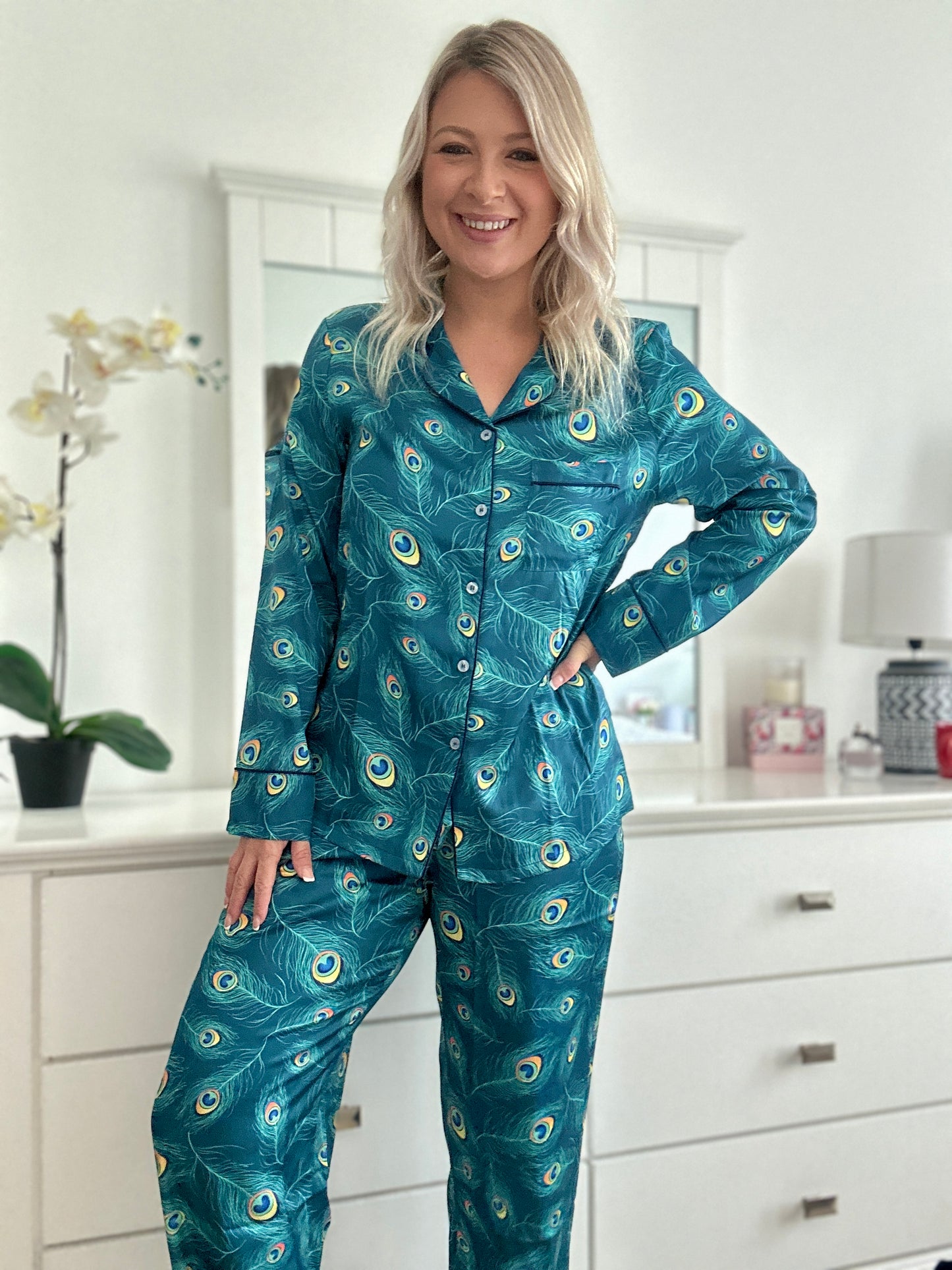 Satin Peacock Feather Pyjama set with elastic bottoms - Long set