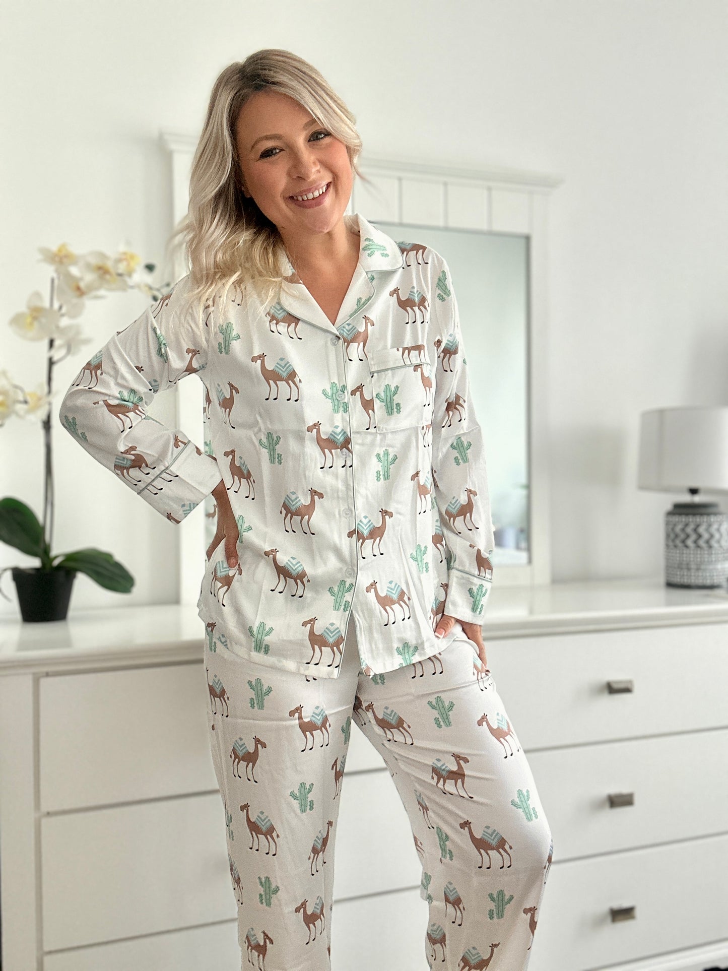 Satin Camel Pyjama set with elastic bottoms- Long Set