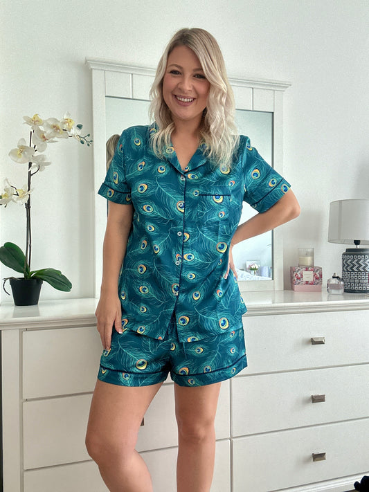 Satin Peacock Feather Pyjama set with elastic bottoms - Short set
