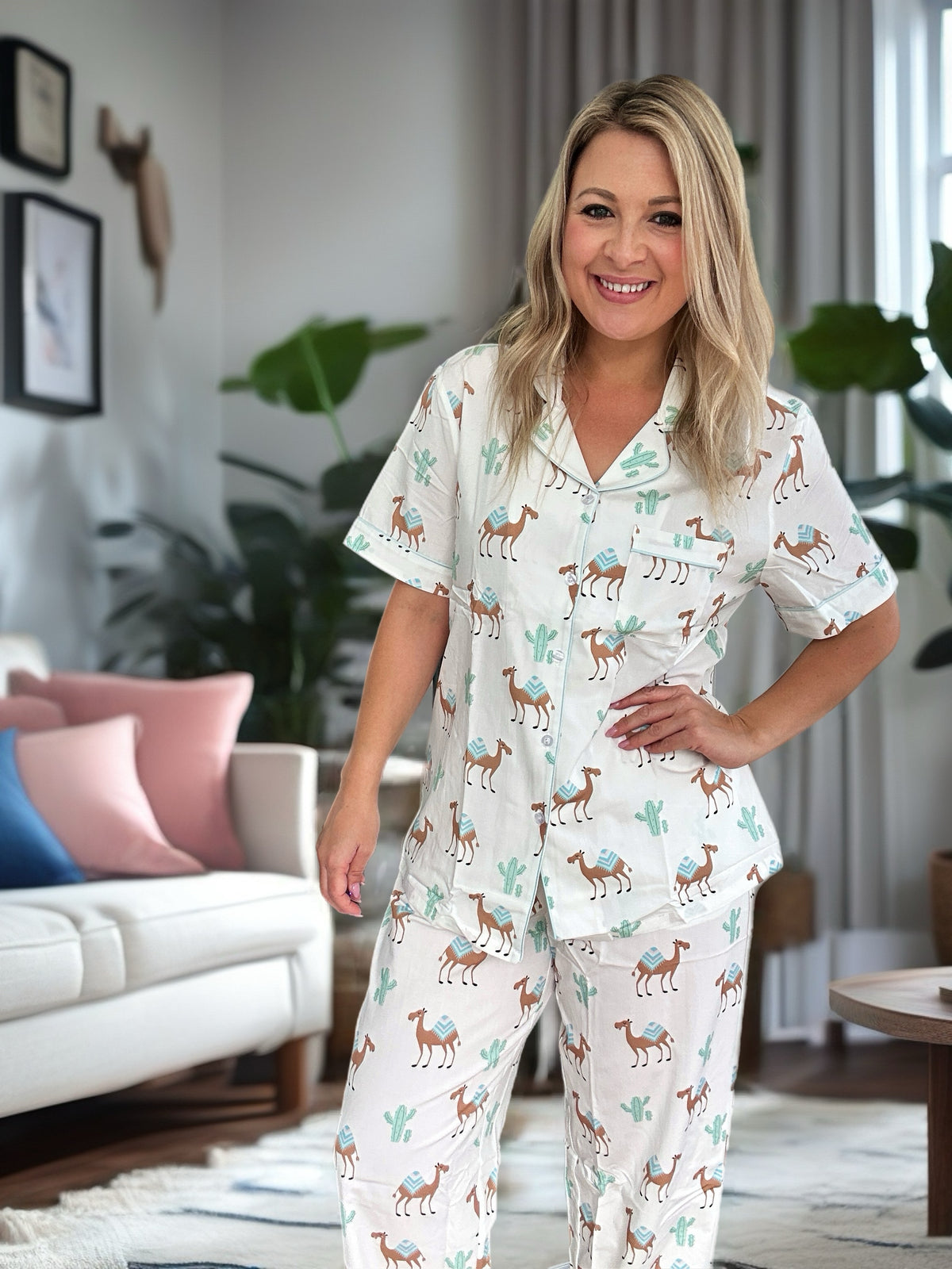 COTTON Camel Pyjama set with elastic bottoms (Exclusive Set with Short Sleeves and Long Bottoms)