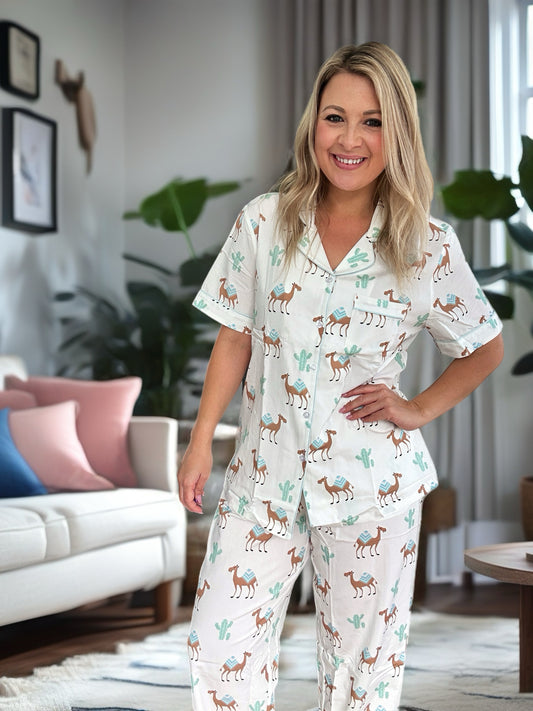 COTTON Camel Pyjama set with elastic bottoms (Exclusive Set with Short Sleeves and Long Bottoms)