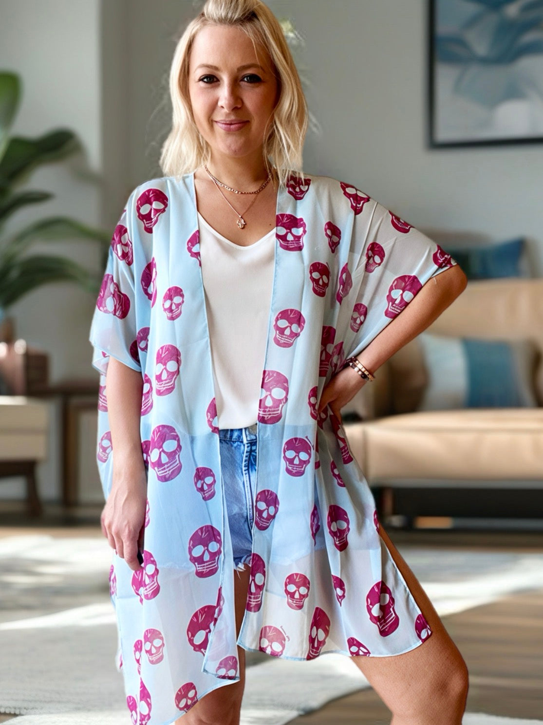 Blue and pink skulls Kimono - 3 lengths