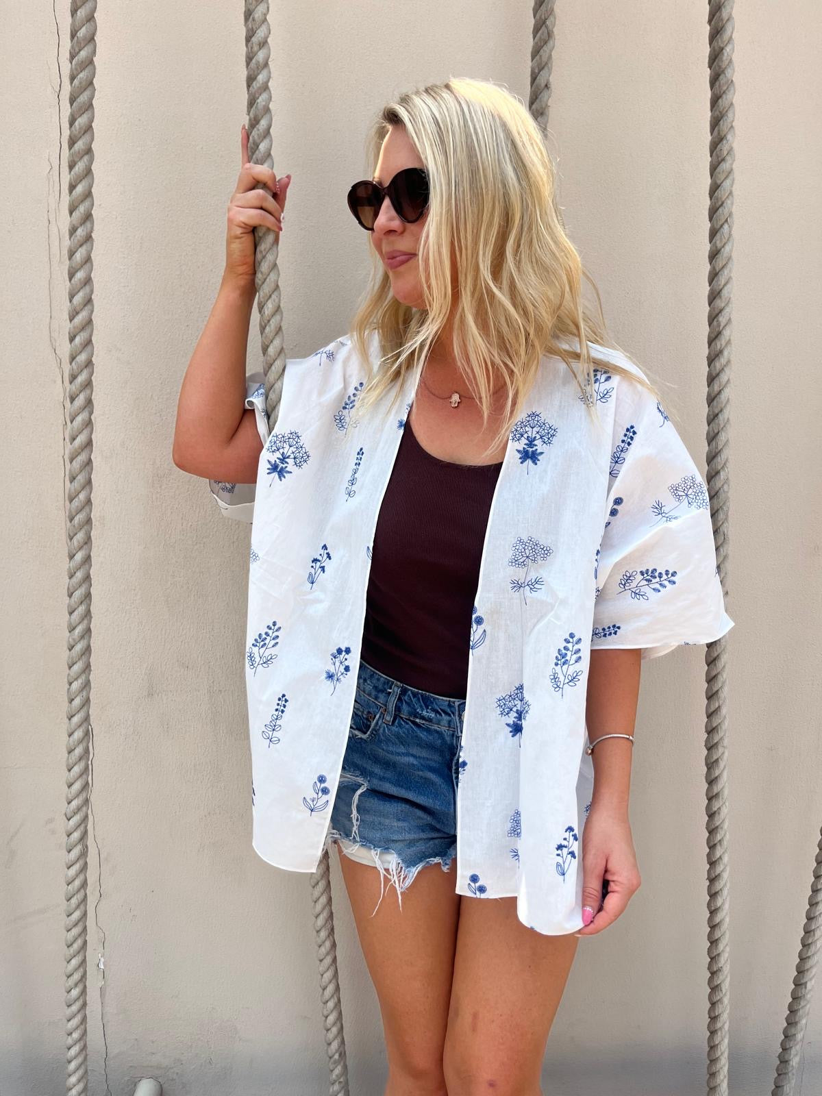 Textured floral white and blue Kimono - 3 length