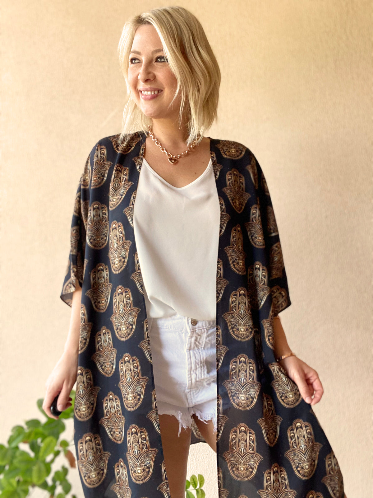 Black and gold hamsa hand Kimono - 3 Lengths