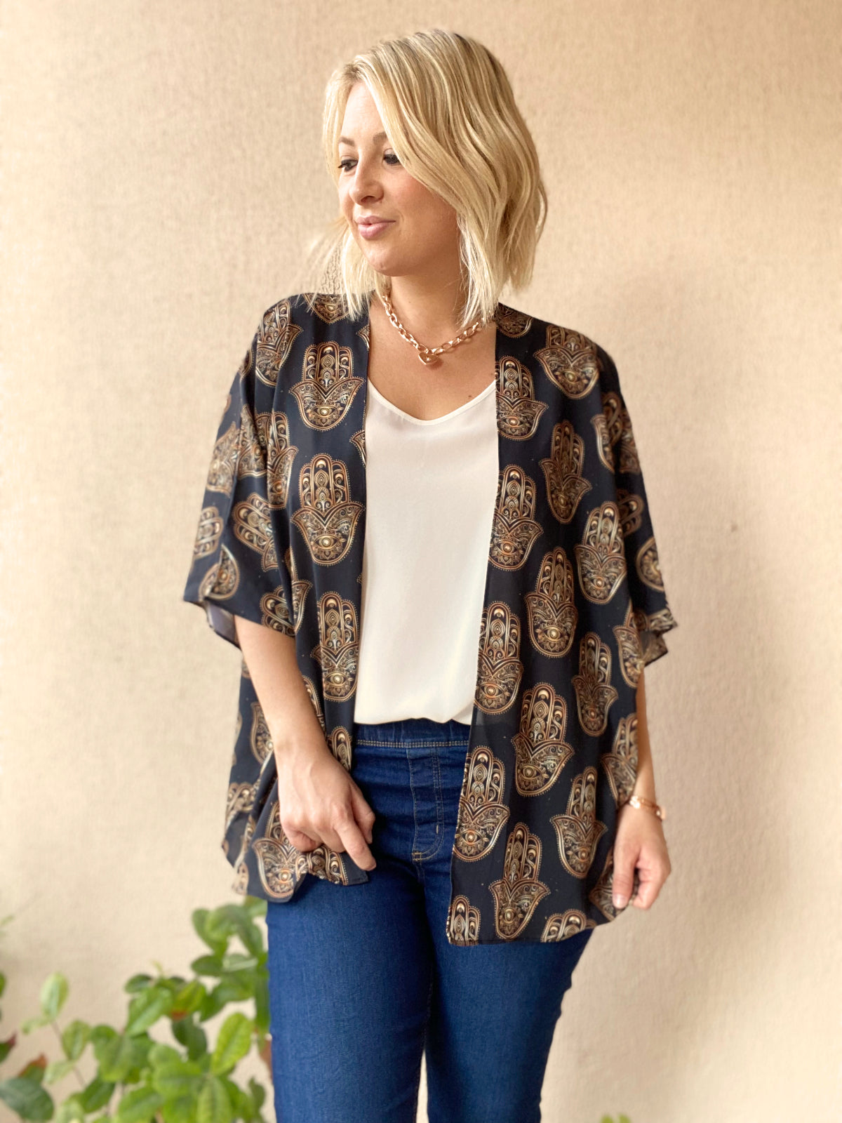 Black and gold hamsa hand Kimono - 3 Lengths