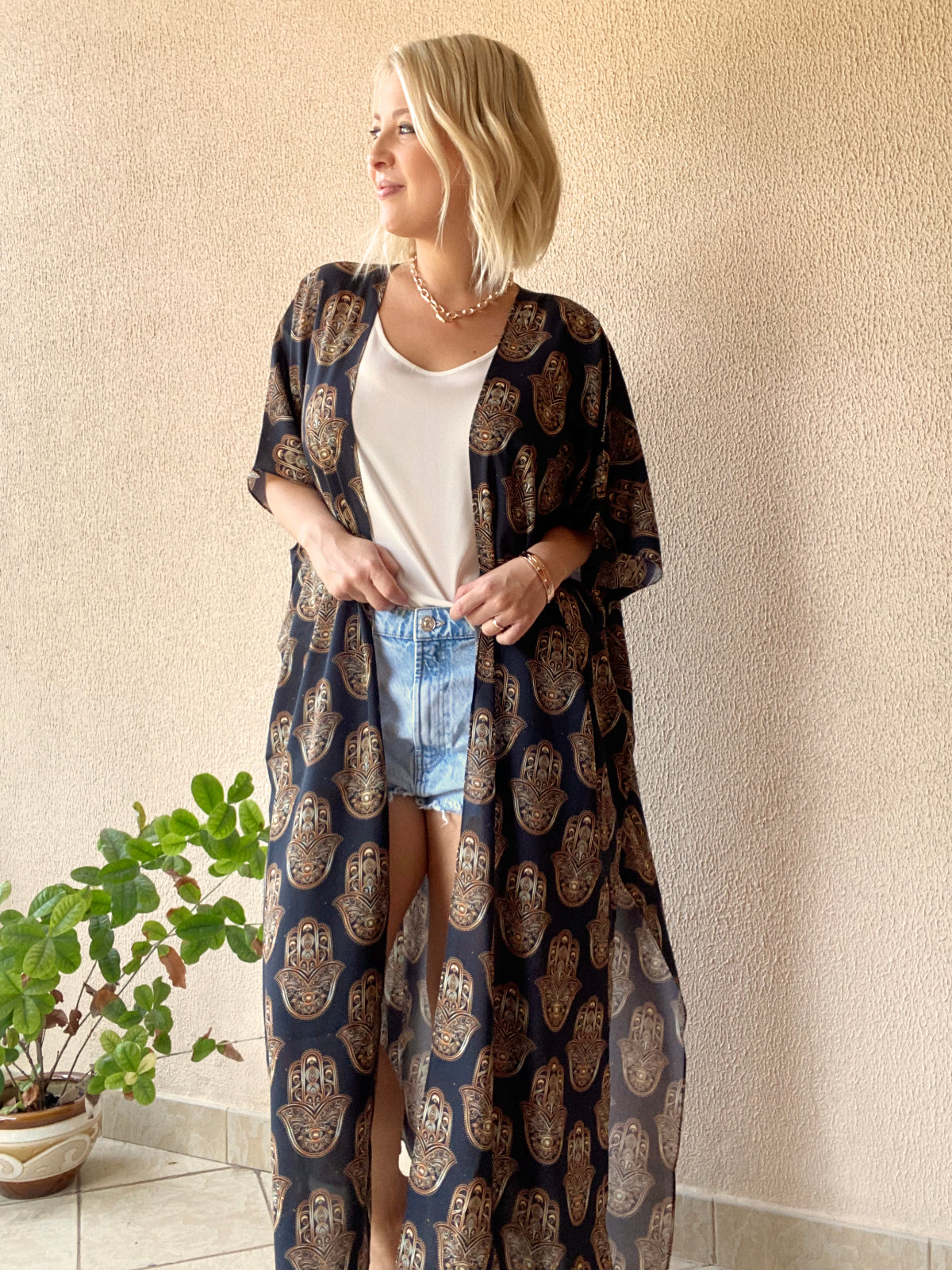 Black and gold hamsa hand Kimono - 3 Lengths